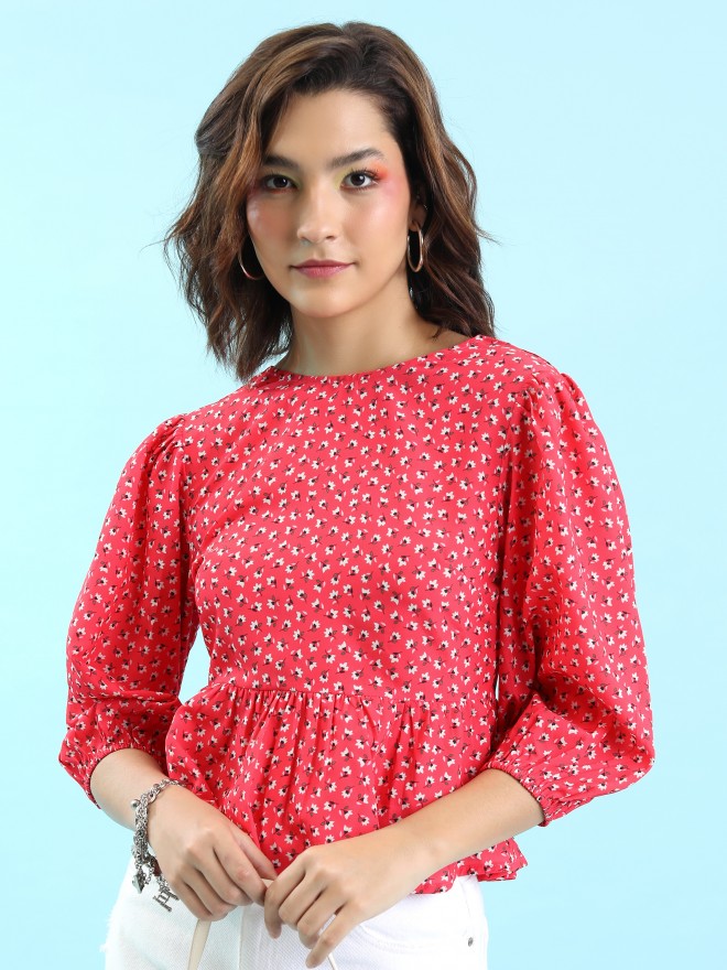 Tokyo Talkies Women Red Printed Peplum Tops 