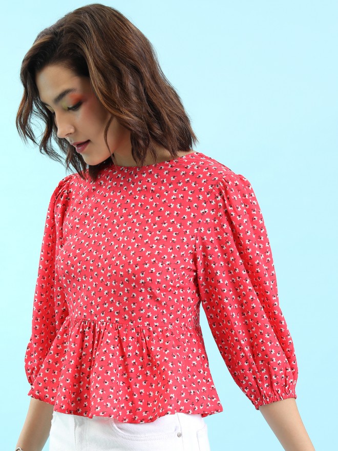 Tokyo Talkies Women Red Printed Peplum Tops 