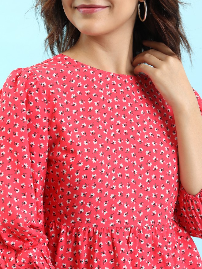 Tokyo Talkies Women Red Printed Peplum Tops 