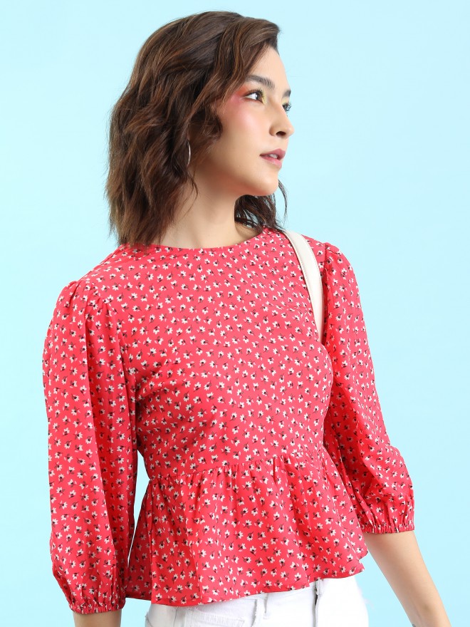 Tokyo Talkies Women Red Printed Peplum Tops 