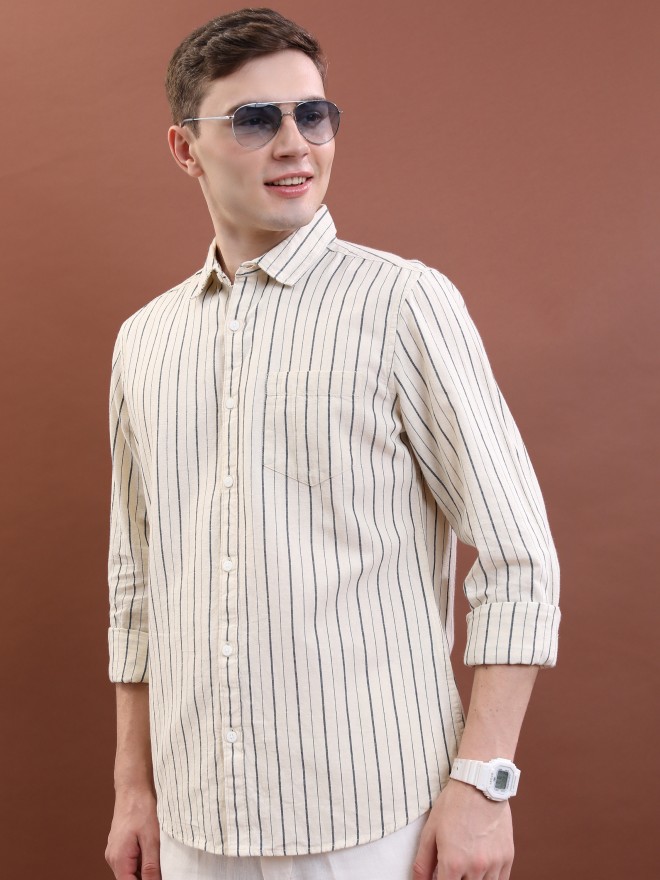 Highlander Men Beige Striped Slim Fit Casual Shirts 