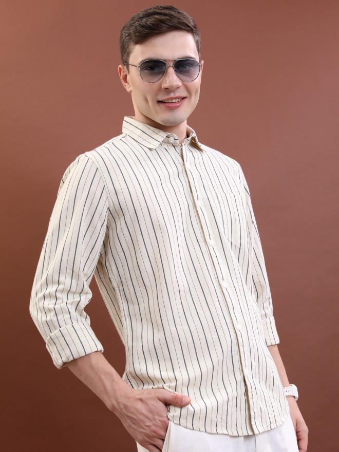 Highlander Men Beige Striped Slim Fit Casual Shirts 