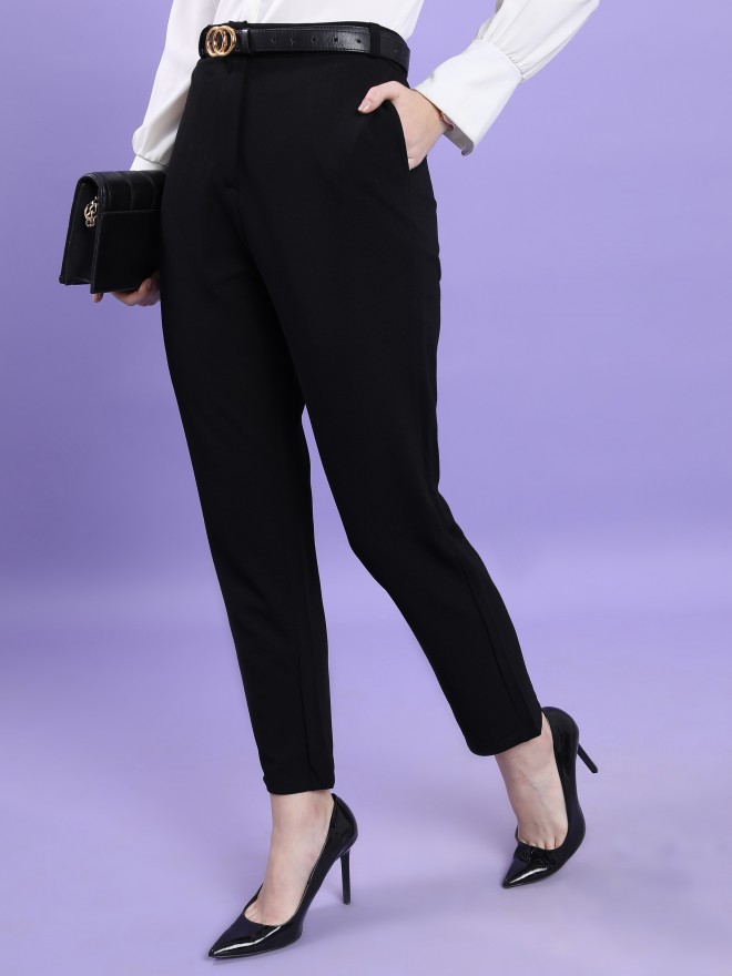 Women Black Solid Formal Regular Fit Trousers