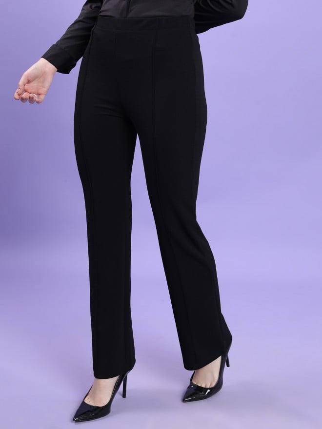 Women Black Solid Business Casual Regular Fit Trousers