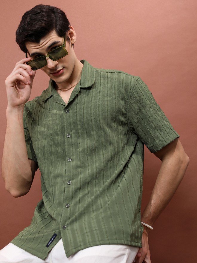 Highlander Men Olive Striped Oversized Fit Casual Shirts 