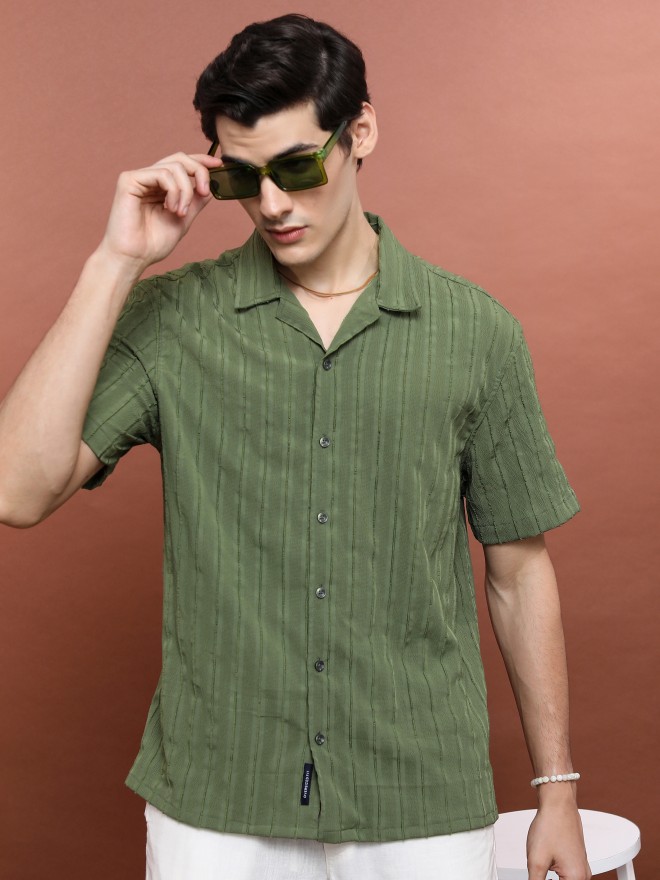 Highlander Men Olive Striped Oversized Fit Casual Shirts 