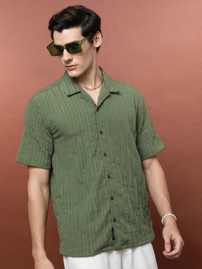 Highlander Men Olive Striped Oversized Fit Casual Shirts 