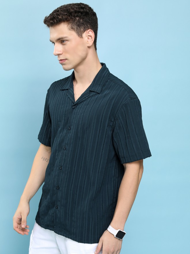 Highlander Men Navy Blue Striped Oversized Fit Casual Shirts 