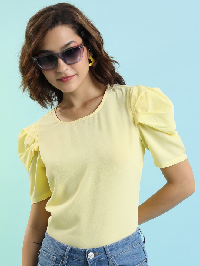 Tokyo Talkies Women Yellow Solid Fitted Tops 