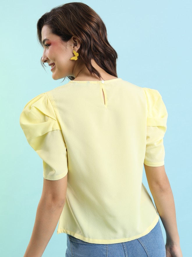 Tokyo Talkies Women Yellow Solid Fitted Tops 