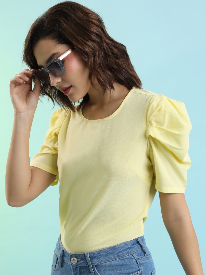 Tokyo Talkies Women Yellow Solid Fitted Tops 