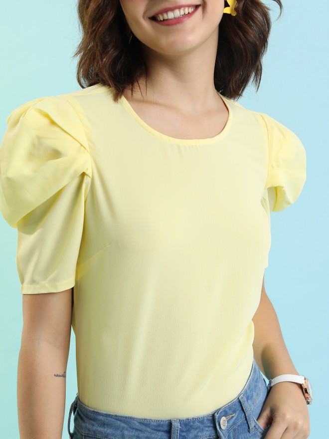 Tokyo Talkies Women Yellow Solid Fitted Tops 