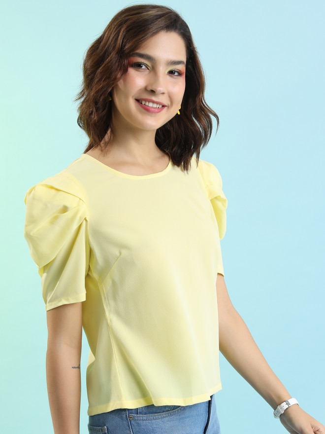 Tokyo Talkies Women Yellow Solid Fitted Tops 