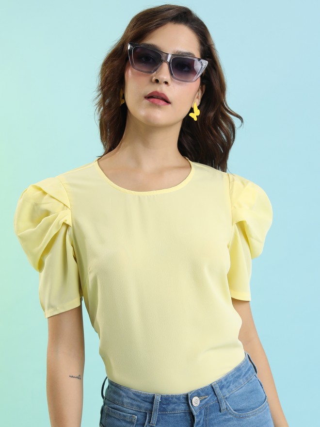 Tokyo Talkies Women Yellow Solid Fitted Tops 