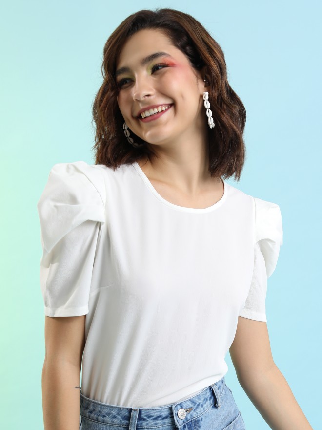 Tokyo Talkies Women White Solid Regular Tops 