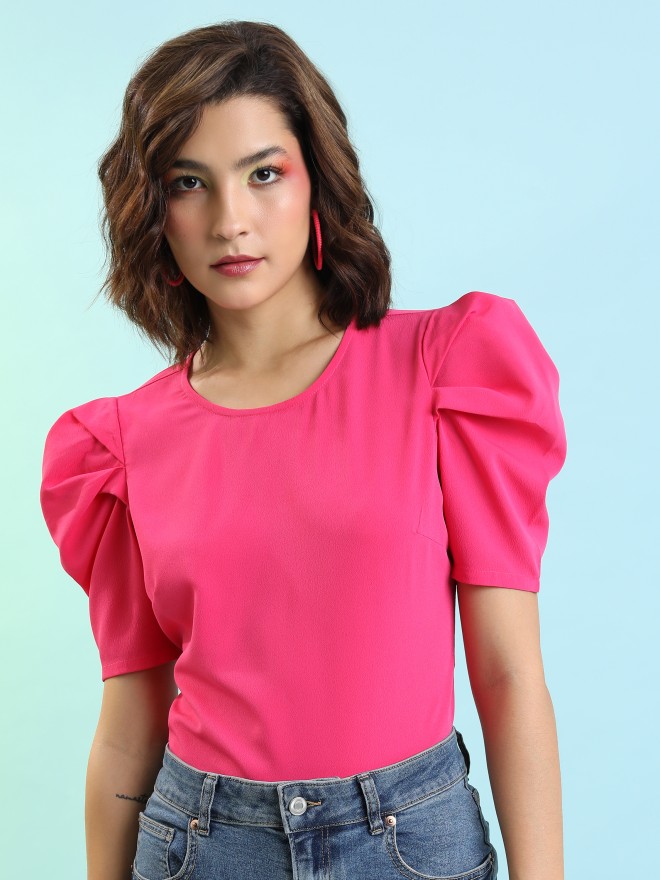 Tokyo Talkies Women Pink Solid Fitted Tops 