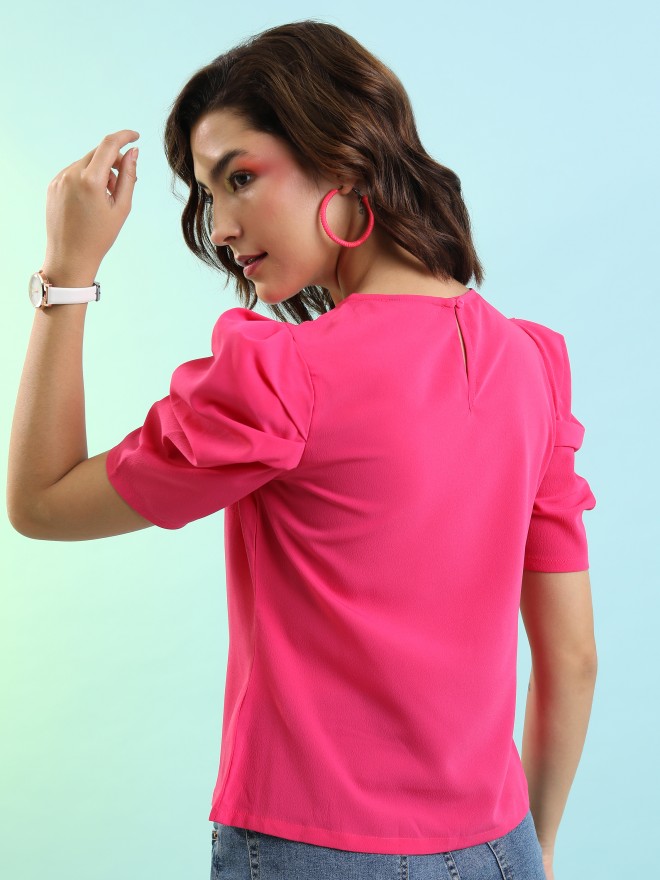 Tokyo Talkies Women Pink Solid Fitted Tops 