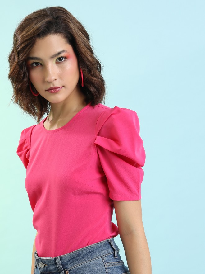 Tokyo Talkies Women Pink Solid Fitted Tops 