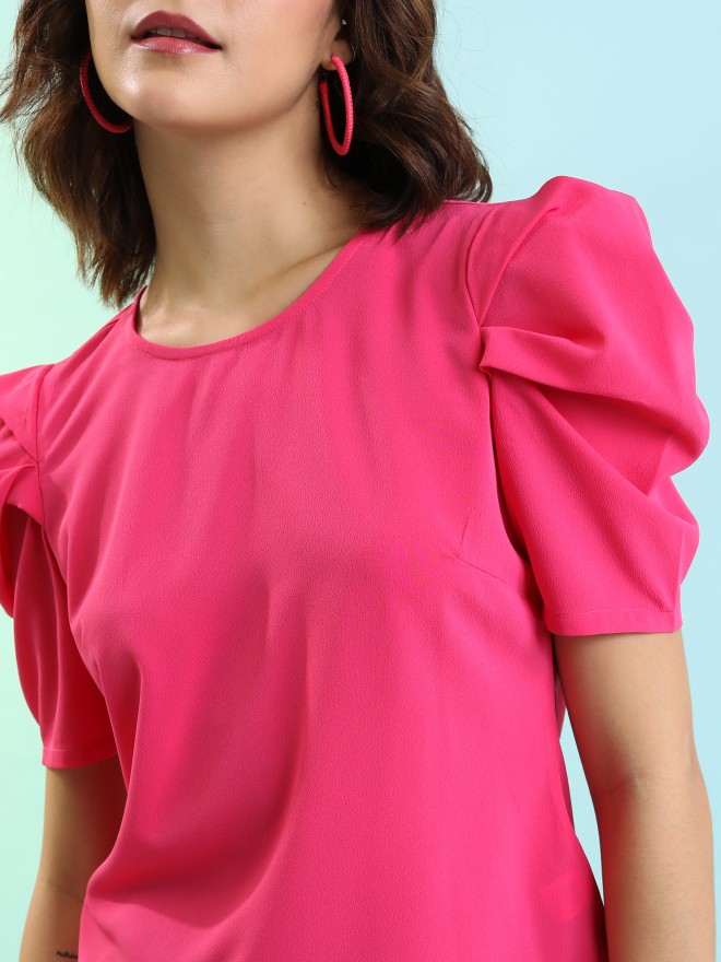 Tokyo Talkies Women Pink Solid Fitted Tops 