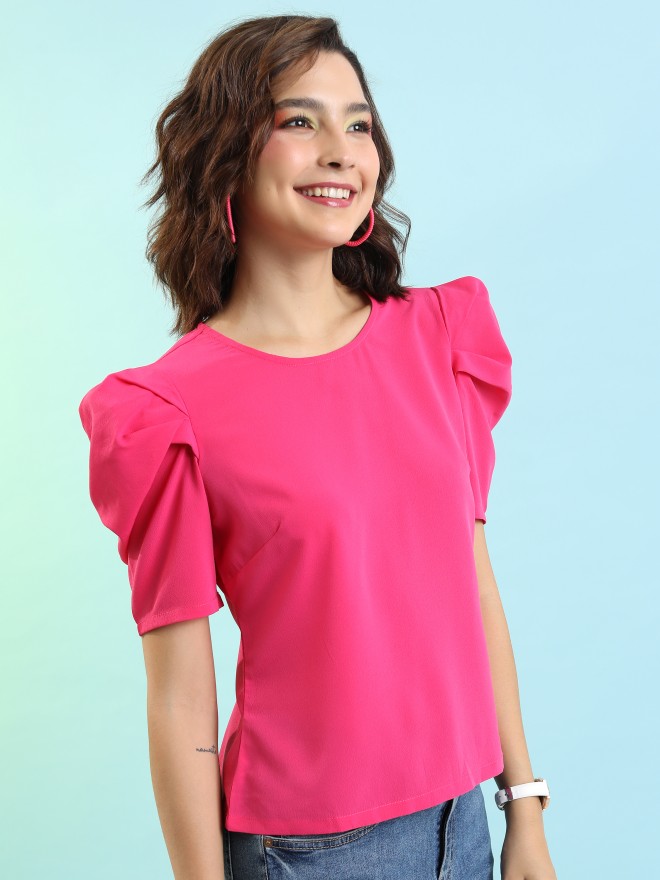 Tokyo Talkies Women Pink Solid Fitted Tops 