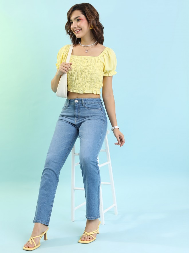 Tokyo Talkies Women Yellow Solid Fitted Tops 