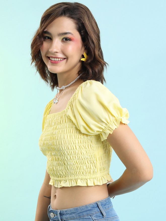 Tokyo Talkies Women Yellow Solid Fitted Tops 