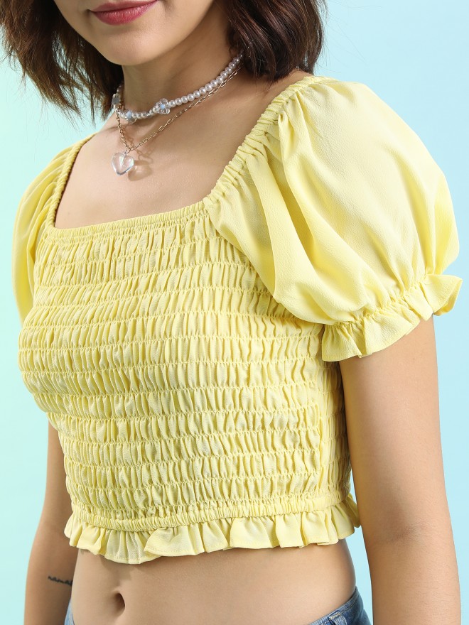 Tokyo Talkies Women Yellow Solid Fitted Tops 