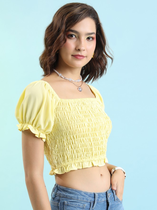 Tokyo Talkies Women Yellow Solid Fitted Tops 