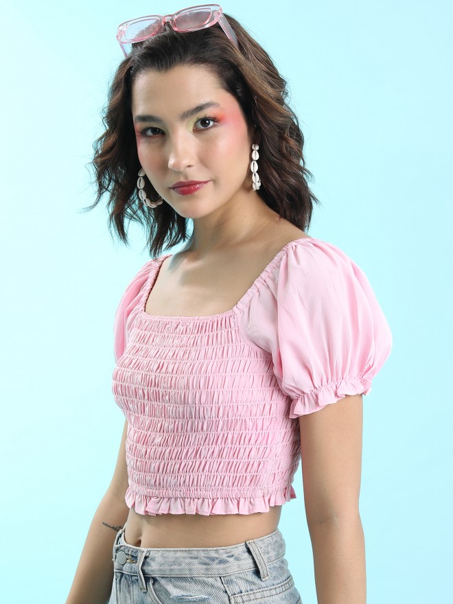 Tokyo Talkies Women Pink Solid Fitted Tops 