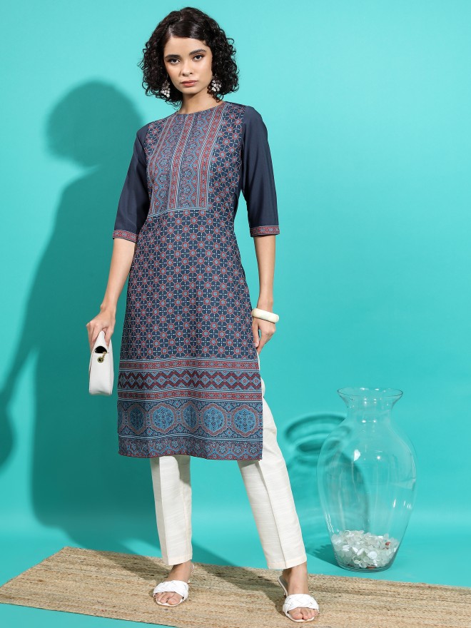 Buy Vishudh Navy Blue Ethnic Motifs Straight Kurta For Women Online At 