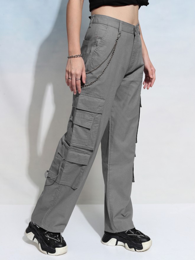 Tokyo Talkies Women Grey Solid Straight Fit Cargos