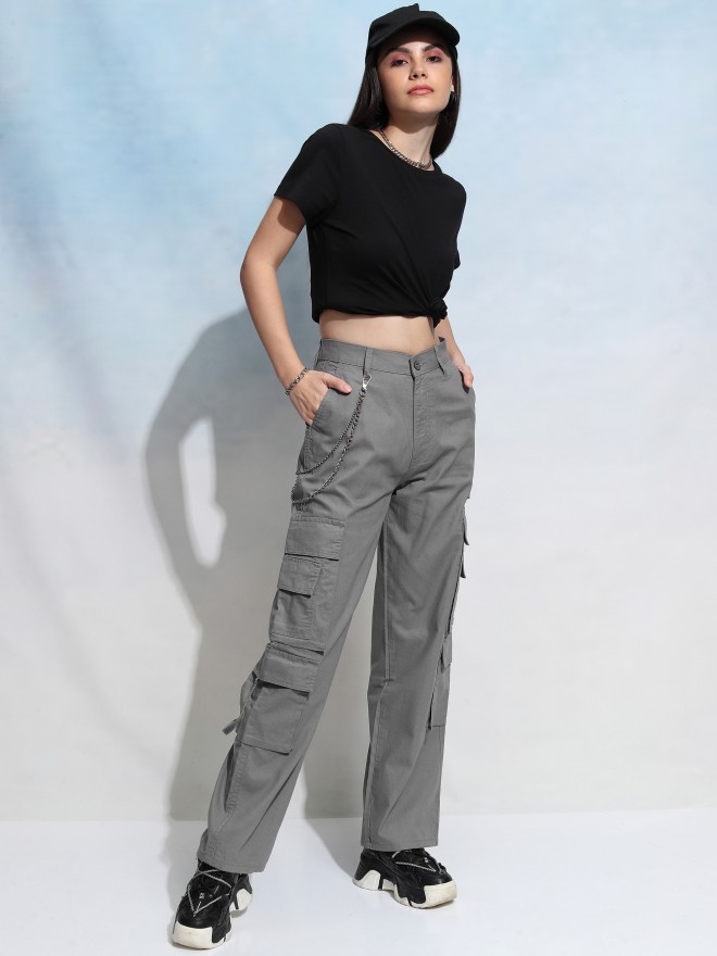 Tokyo Talkies Women Grey Solid Straight Fit Cargos