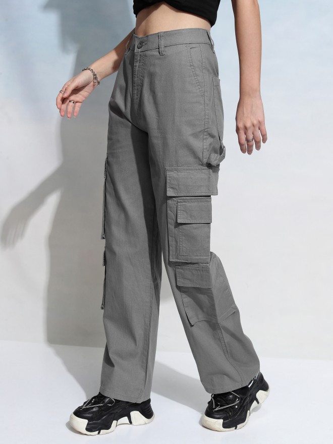 Tokyo Talkies Women Grey Solid Straight Fit Cargos