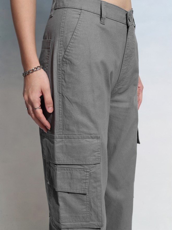 Tokyo Talkies Women Grey Solid Straight Fit Cargos