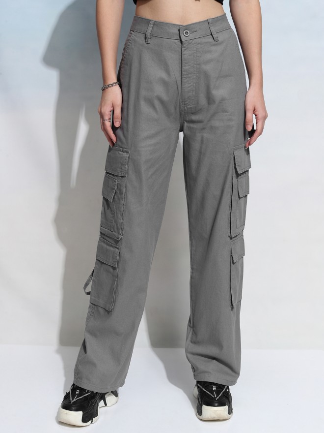 Tokyo Talkies Women Grey Solid Straight Fit Cargos