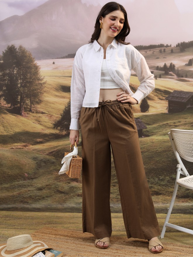 Tokyo Talkies Women Brown Solid Flared Casual Trousers