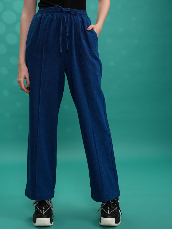 Tokyo Talkies Women Blue Solid Straight Fit Casual Trousers 