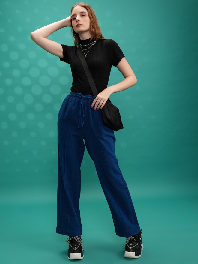 Tokyo Talkies Women Blue Solid Straight Fit Casual Trousers 