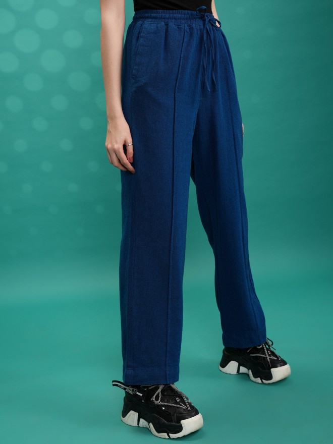 Tokyo Talkies Women Blue Solid Straight Fit Casual Trousers 