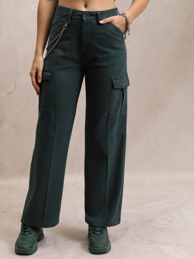 Tokyo Talkies Women Teal Solid Flared Casual Trousers 