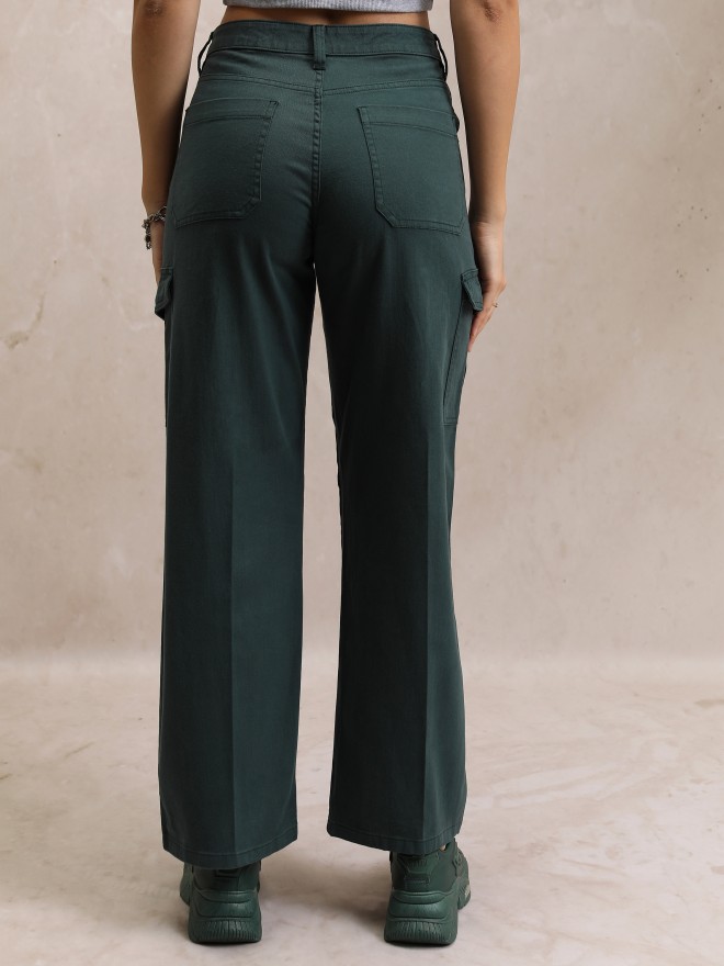 Tokyo Talkies Women Teal Solid Flared Casual Trousers 