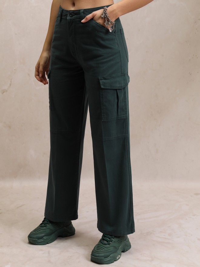 Tokyo Talkies Women Teal Solid Flared Casual Trousers 