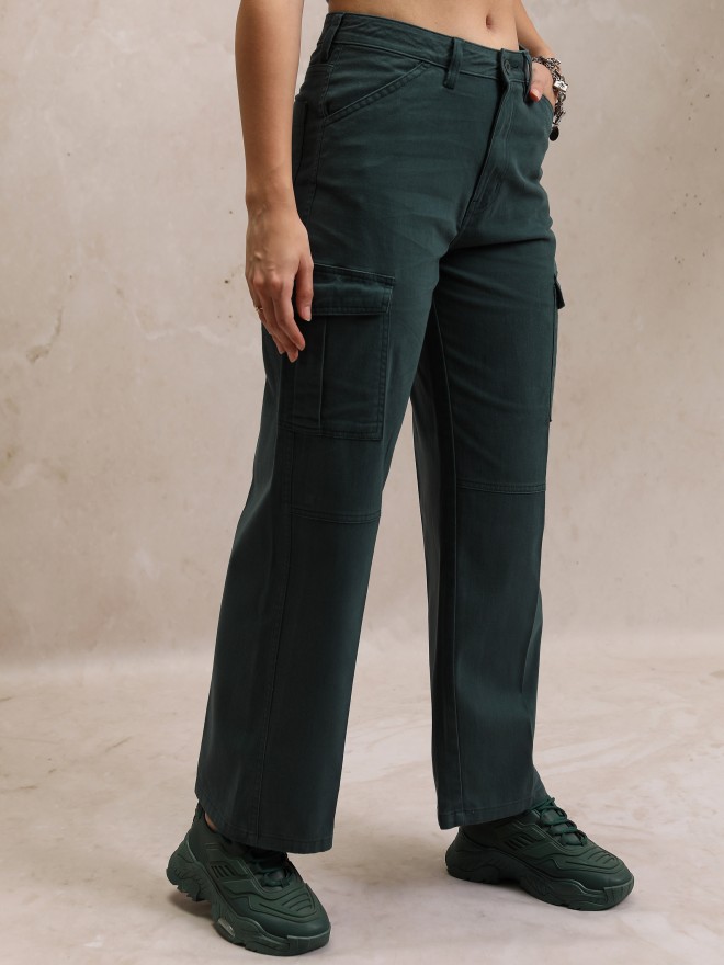 Tokyo Talkies Women Teal Solid Flared Casual Trousers 