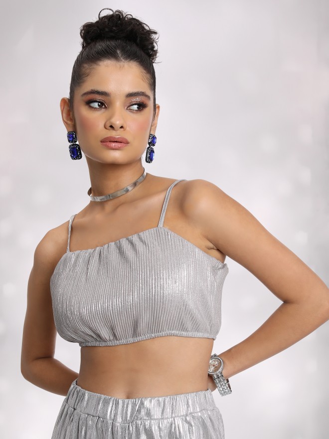 Buy FITTED ROUND NECK SILVER SEQUIN TOP for Women Online in India