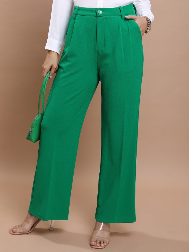 Tokyo Talkies Women Green Solid Straight Fit Casual Trousers 