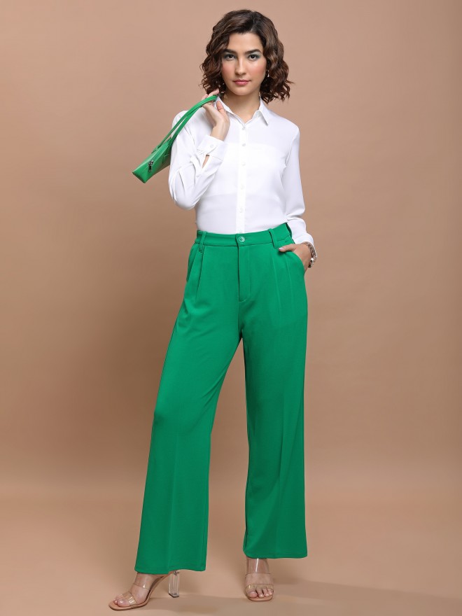 Tokyo Talkies Women Green Solid Straight Fit Casual Trousers 