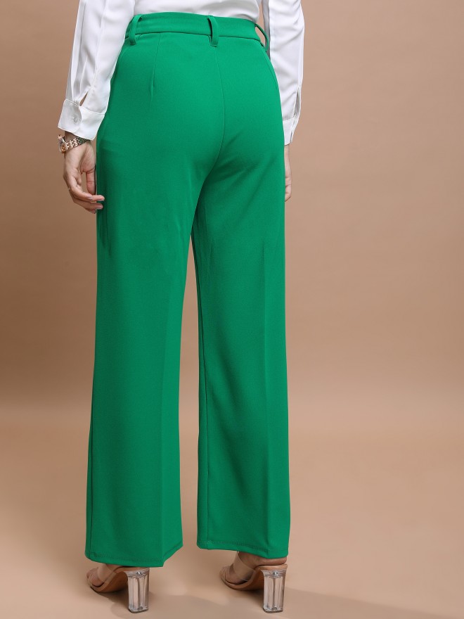 Tokyo Talkies Women Green Solid Straight Fit Casual Trousers 