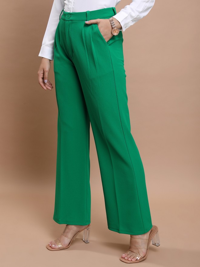 Tokyo Talkies Women Green Solid Straight Fit Casual Trousers 