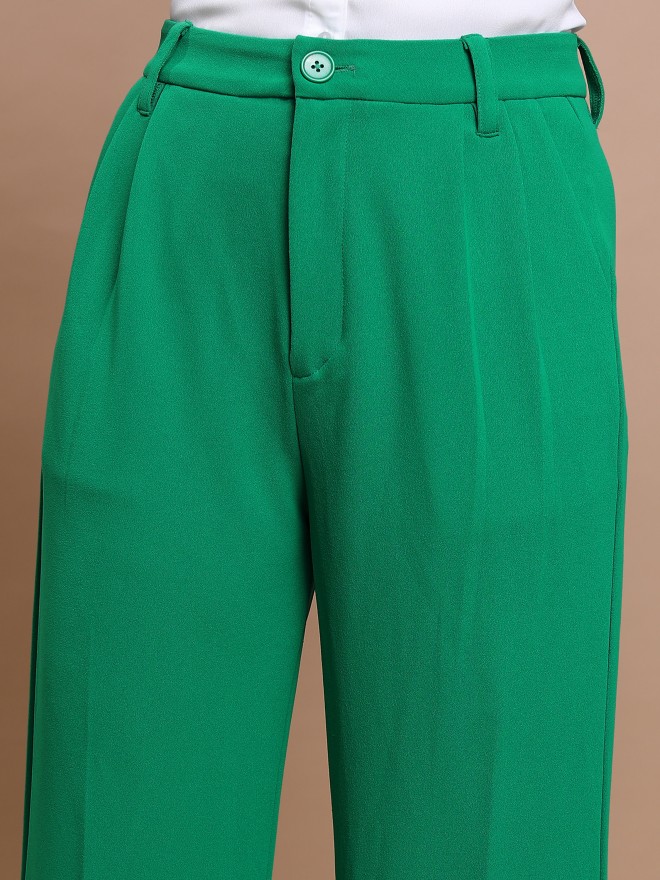 Tokyo Talkies Women Green Solid Straight Fit Casual Trousers 