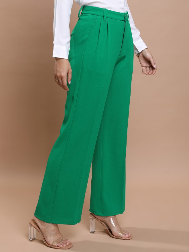 Tokyo Talkies Women Green Solid Straight Fit Casual Trousers 